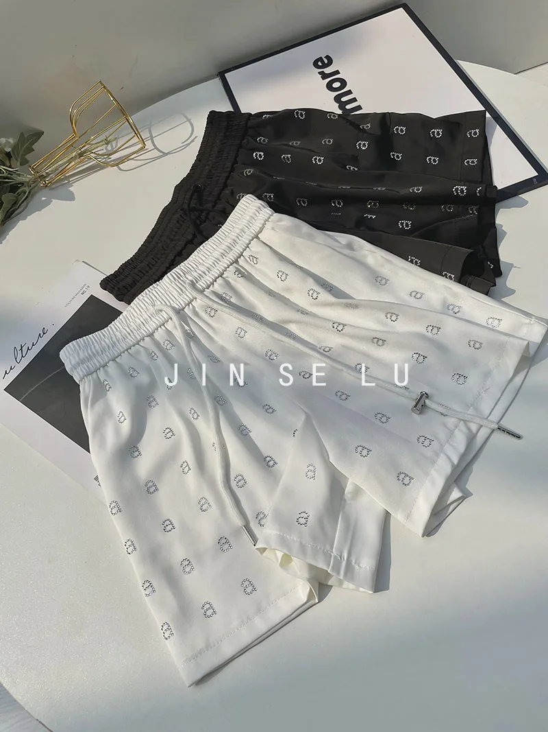 Summer Thin Rhinestone Letter Shorts Women\'s Fashion High Waist Loose Drooping Casual Versatile Slimming Ladies Wide Leg Pants