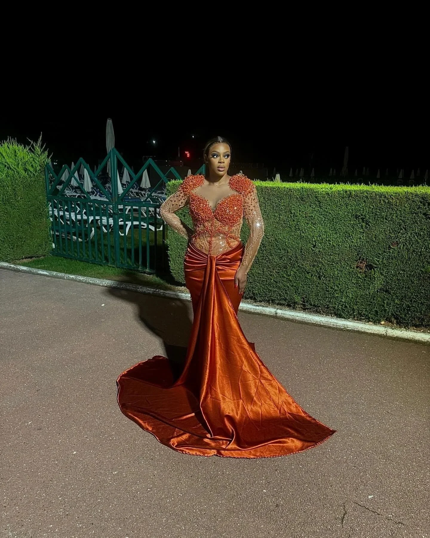

Satin Pearls Evening Party Second Engagement Birthday Gowns Dress Orange Full Sleeves African Mermaid Prom Dresse