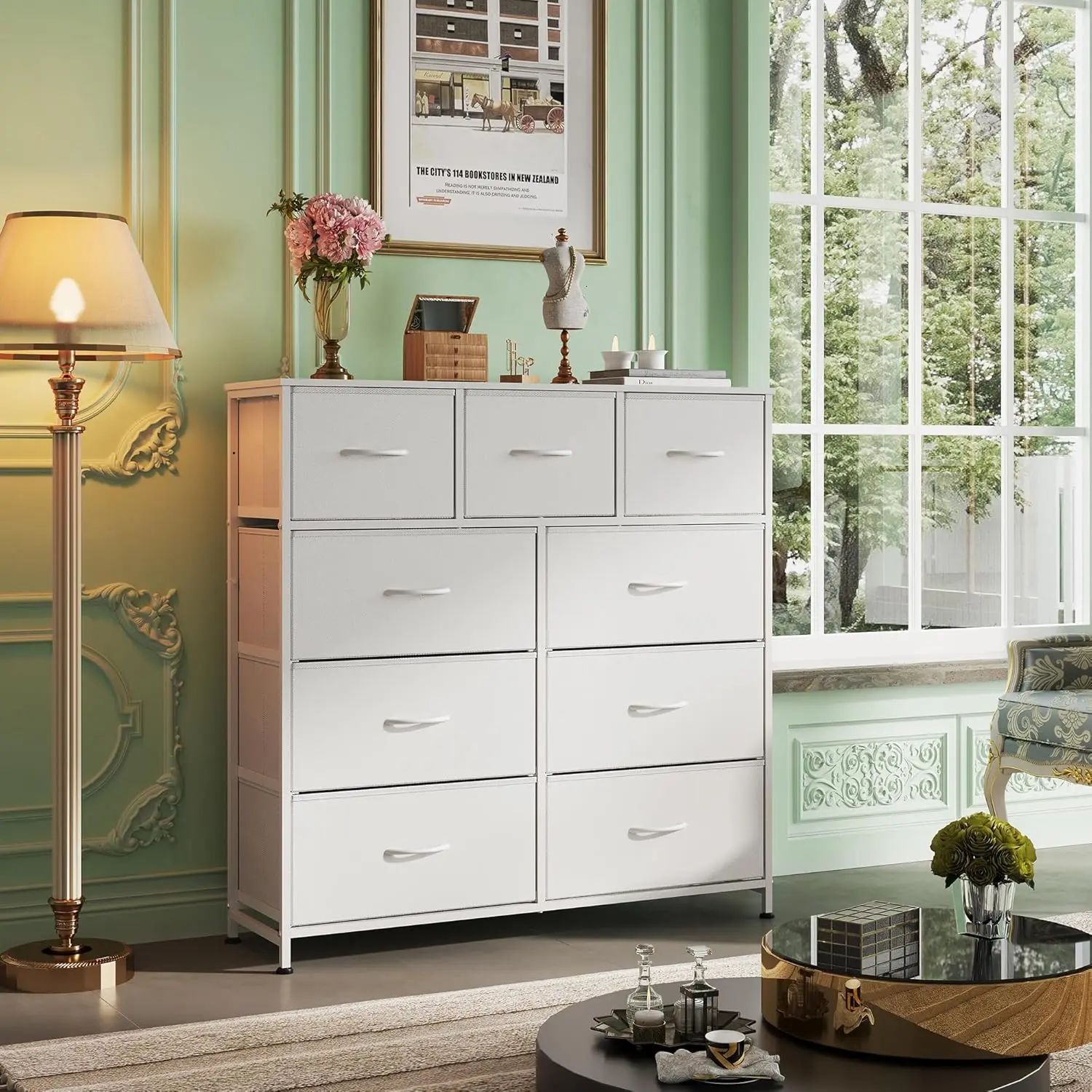 9-Drawer Fabric Dresser with Steel Frame and Wood Top for Bedroom Hallway Closet Storage Tower with Pull Handle