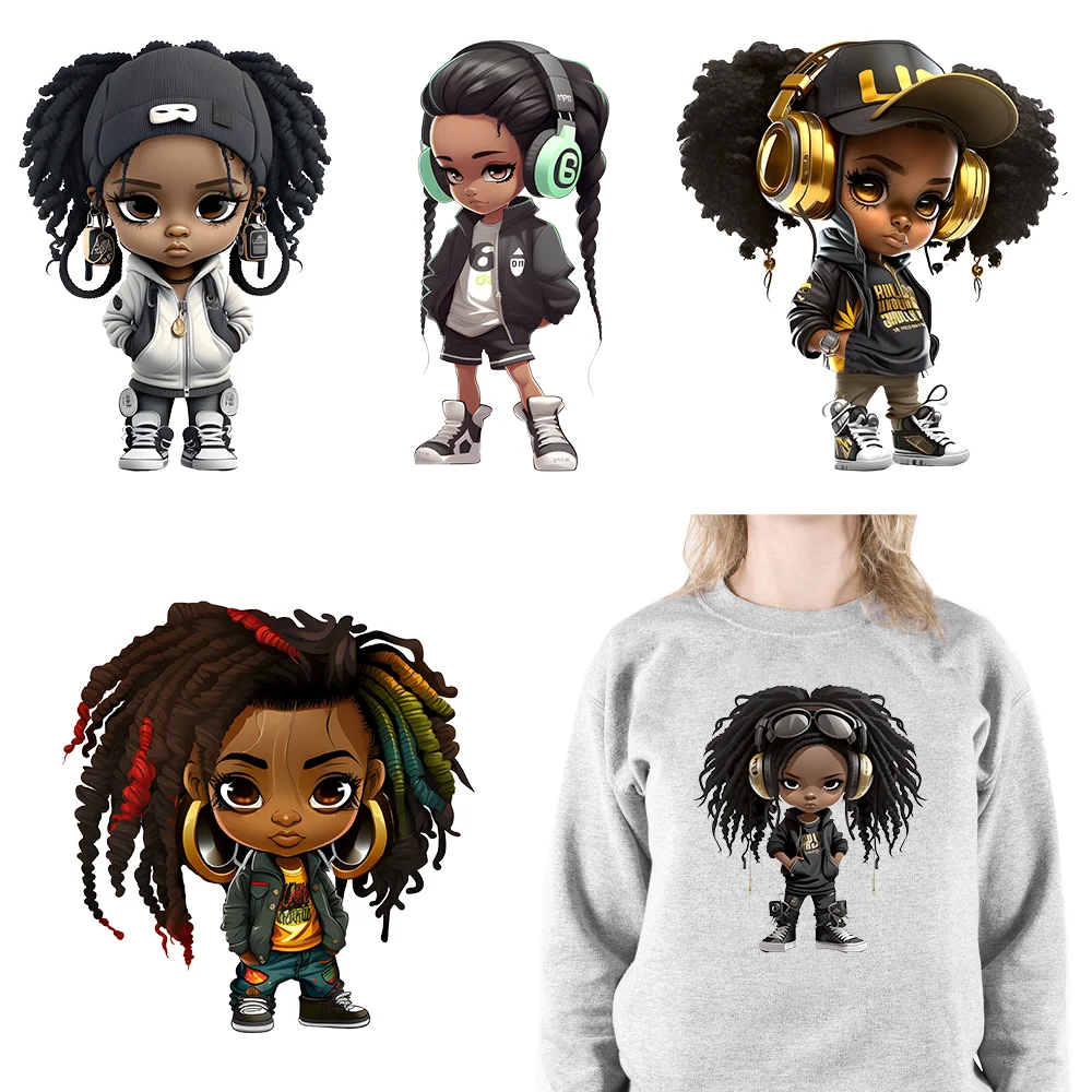 Personalidade Hip Pop Street Black Girl Iron On Thermal DTF Adesivos Transferência de calor Impressão Pronto para pressionar Para T-shirts