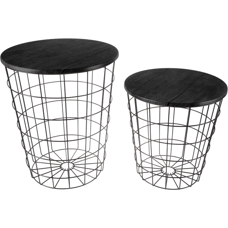 Set of 2 - Nesting Tables with Removable Wood Tops and Metal Basket Bases for Blanket Storage - Round Side Tables.