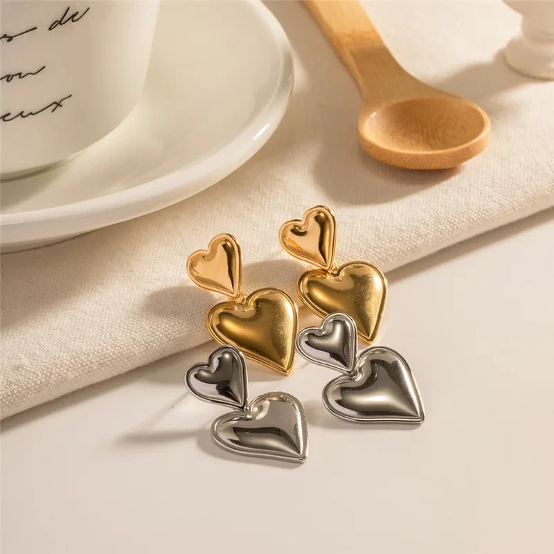 Luxury Trendy Double Heart Shaped Earrings Gold Plated Smooth Metal Love Drop Earrings For Women Jewelry Party Gift