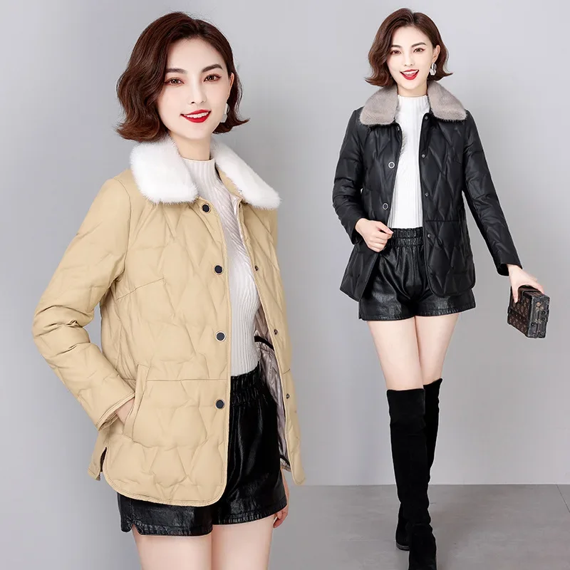 

Genuine Leather Down Jacket Women 2023 Short 90% White Duck Puffer Jackets Warm Mink Fur Collar Fashion Winter Women's Clothing