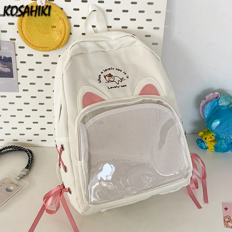 Sweet Y2k Aesthetic Chic Girls Backpacks High-capacity Kawaii Transparent Women Ita Bags Students Casual Cartoon Cat Schoolbags