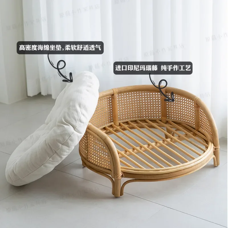 Natural Rattan Woven Pet Nest Cool Summer Round House for Cats Indonesian Teddy Pet Kennel Cozy Small Pet Furniture