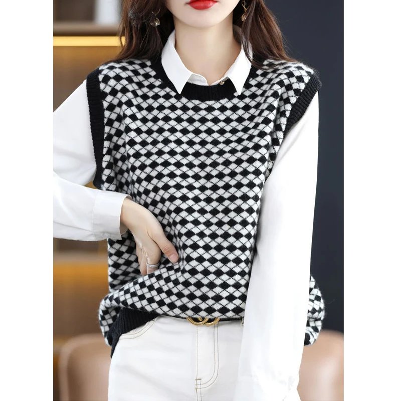 Women Argyle Simple Style All Match Sleeveless Knitted Sweater Vests Female Casual Loose Outerwear Waistcoat Jumper Clothing2023