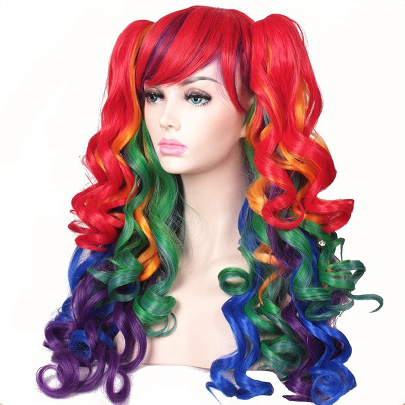 قوس قزح اللون طويل مجعد الشعر الكرة فستان احتفالي أغطية الرأس غطاء شعر مستعار حفلة عيد ميلاد الملابس والاكسسوارات شعر مستعار ذيل حصان مزدوج