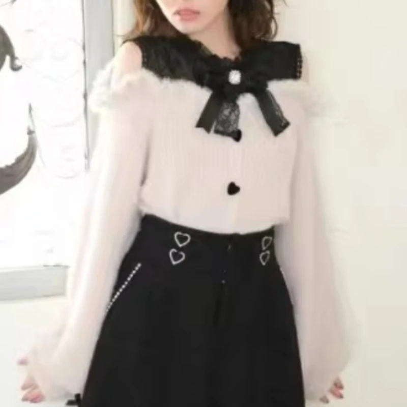 2026 New Sweet Cute Autumn Winter Woolen Off Shoulder Lace Slim Short Sweater,Soft Furry Knitted Pullover Women J-fashion