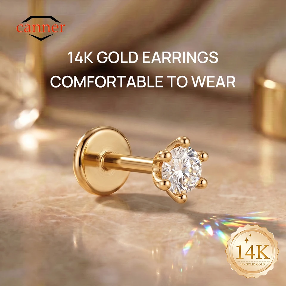 CANNER 1 Stück 14K Massivgold Sechsklauen-CZ G23 Titan Flachrückseitiger Piercing-Ohrstecker für Frauen Hypoallergener Zierlicher Luxus-Ohrring