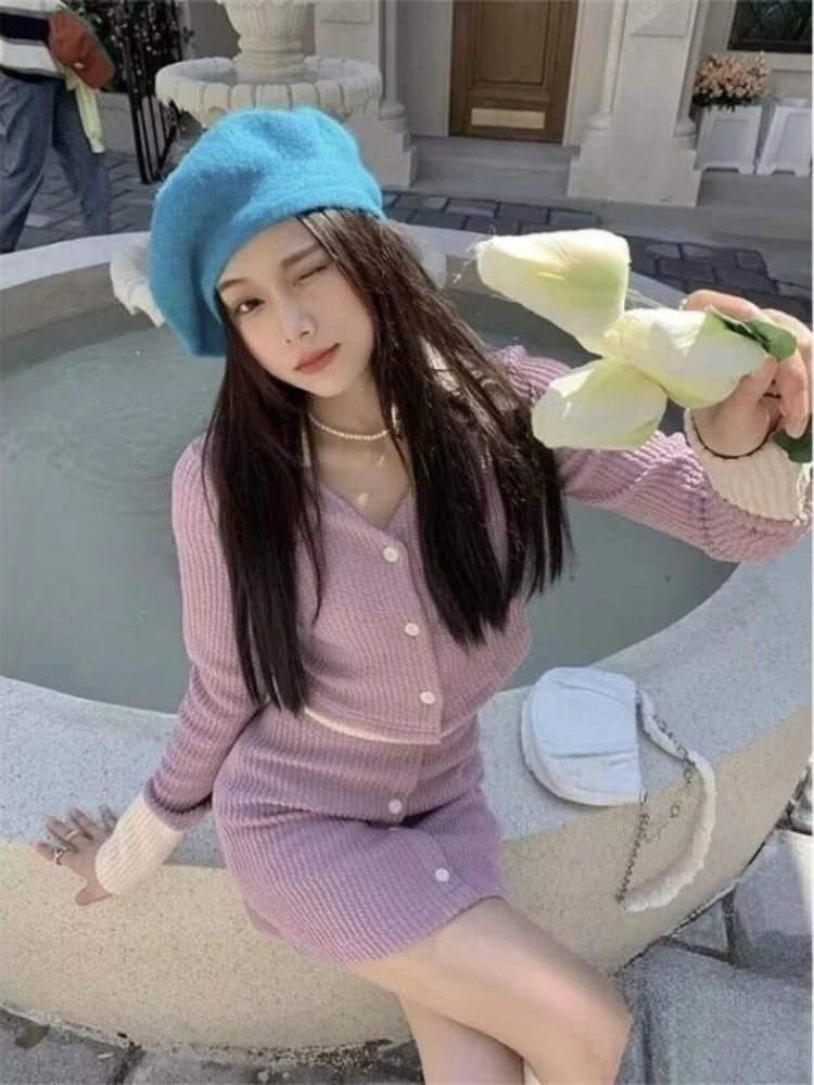 

Spring Autumn Lapel Neck Long Sleeve Cardigan Sweaters+ 2025 New High Waist Bodycon Skirts Feminino Purple Two Piece Sets