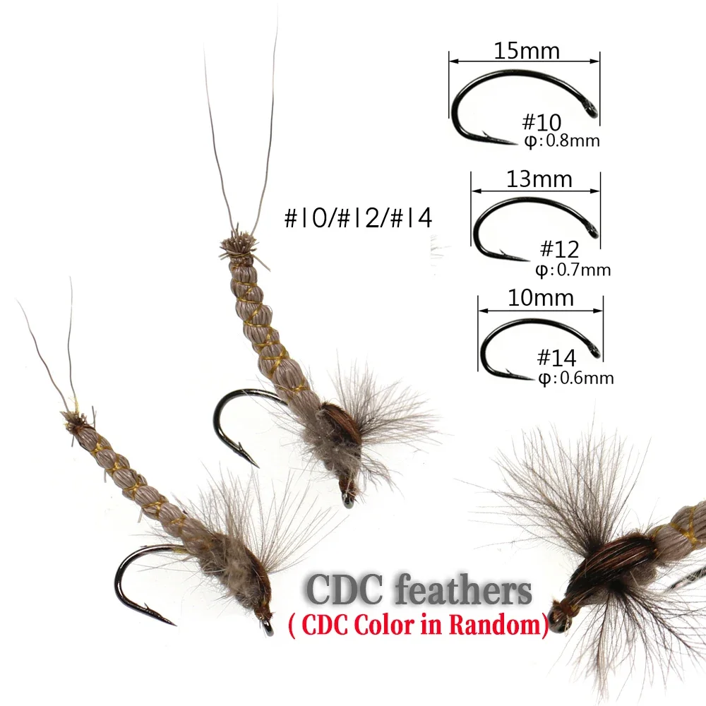 WIFREO 6PCS #10#12 #14 CDC Feather Wing Mayfly Deer Hair Body Dry Fly Rocky River Trout Fishing Flies Bait Lure