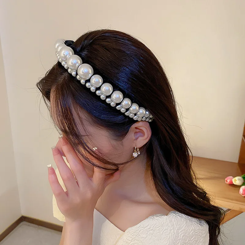 Hot selling large pearl wrapped headband Fabric Versatile Pearl Hair Hoop French retro pearl velvet Hair accessories