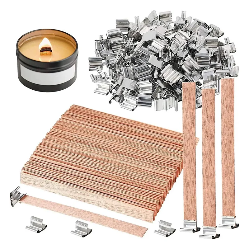 100 Pack Wooden Candle Wicks for Candle Making, 6Inch Burst Wood Wicks/Smokeless Candle Wicks with Metal Base Clip