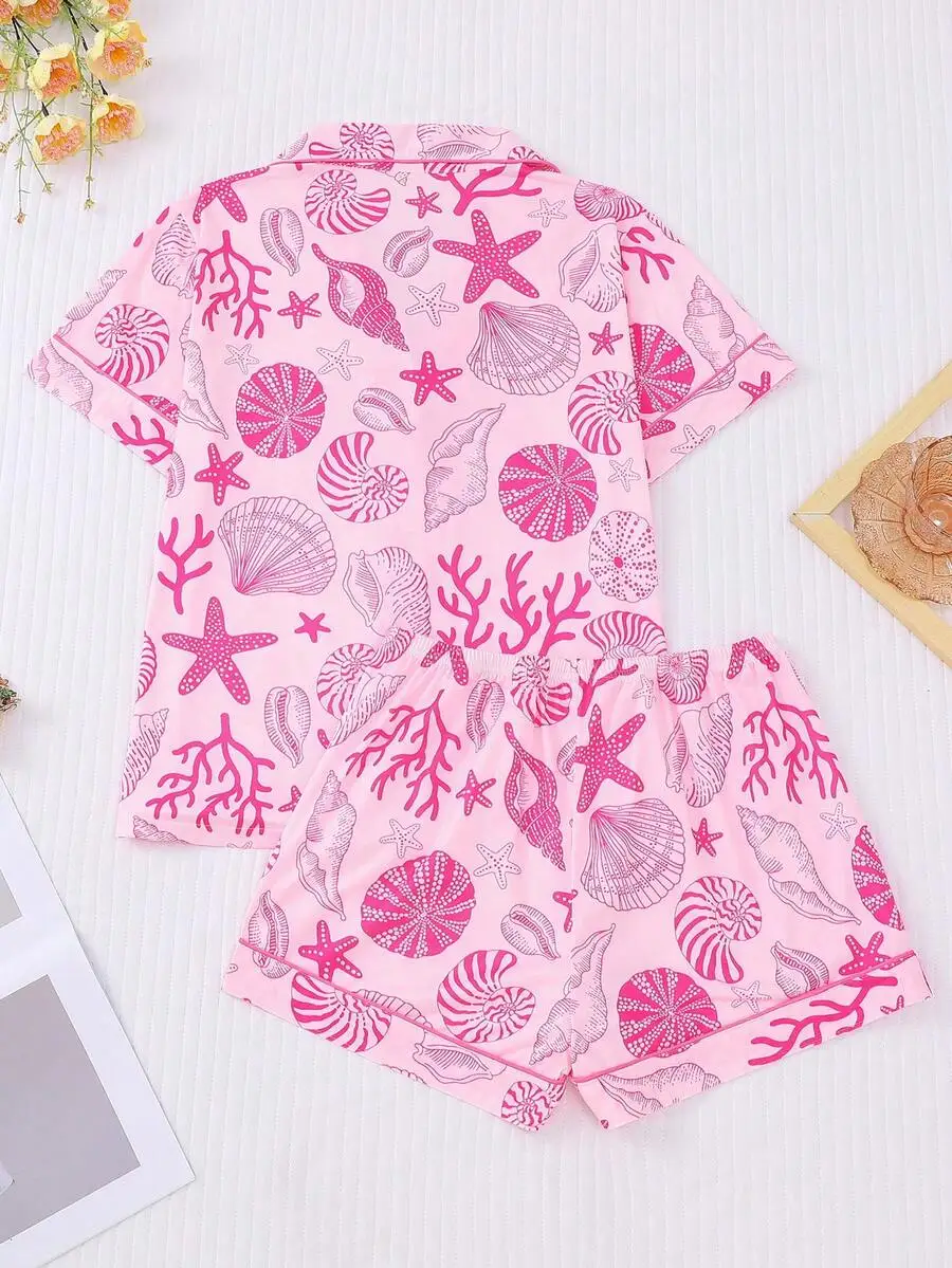 

2-Piece Seashell Print Women Pajama Set With Collar Short Sleeve Top And Elastic Waist Shorts