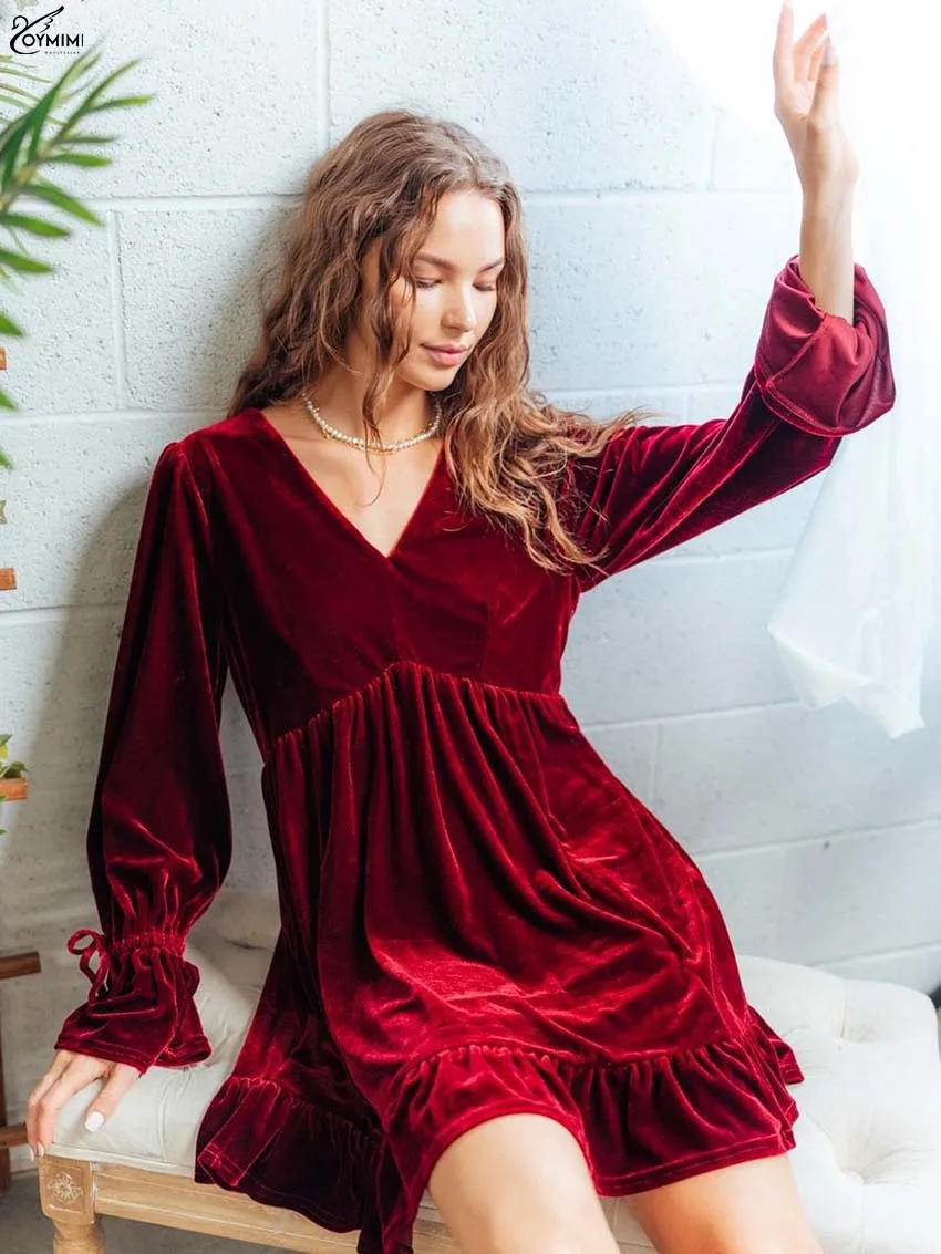

Oymimi Elegant Red V-Neck Women's Dress Fashion Long Sleeve Lace-Up Loose Dresses Casual High Waisted Mini Dresses Streetwear
