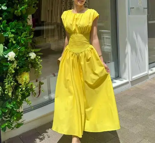 

Womens Dresses 2025 Spring Summer New Solid Color Round Neck Short Sleeve Sweet Casual Ruched High Waist Casual Daily Long Dress