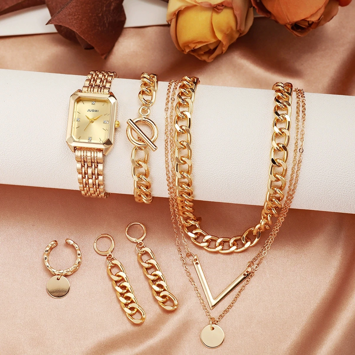 New Women's Chain Bracelet, Chain Earrings, Necklace, Ring, Square Steel Strap Quartz Watch Set, Fashionable And Versatile