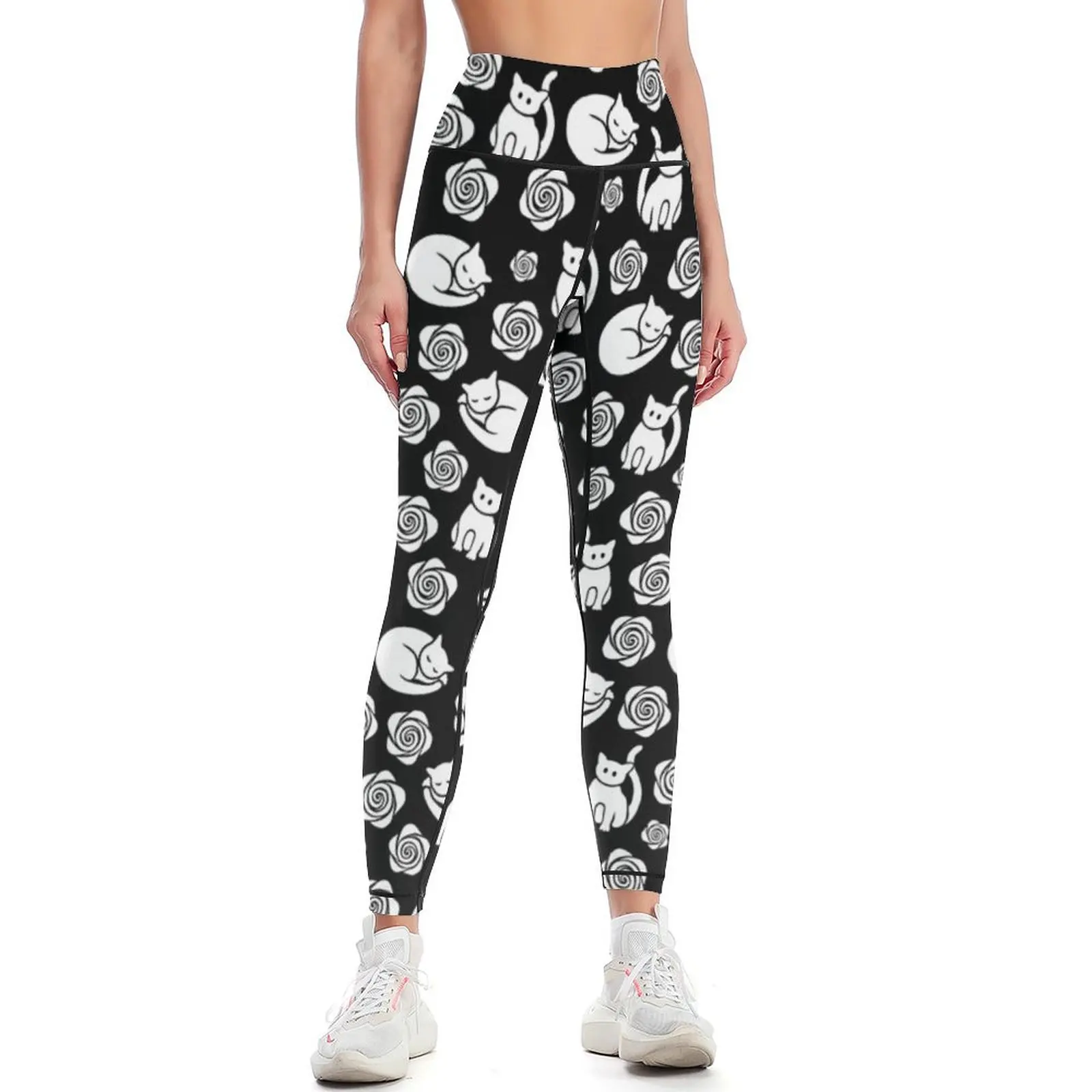 

Cats and Roses Retro Pattern - Black and White Leggings sporty woman gym sports for sports for push up Womens Leggings