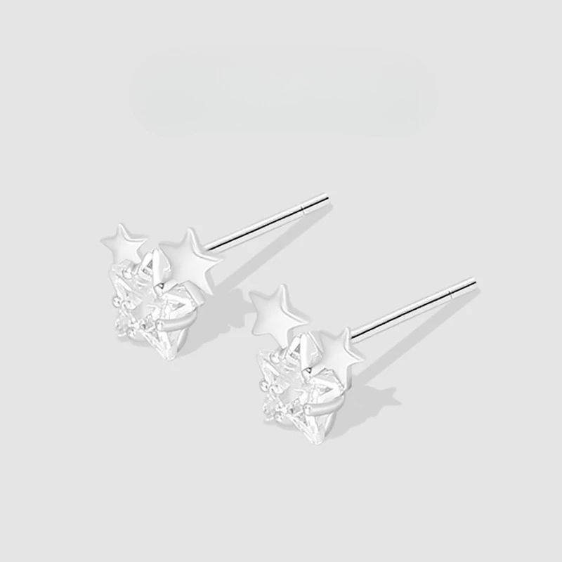 Charm 925 Sterling Silver Superimpose Zircon Metal Five-pointed Star Stud Earrings for Women Girls Jewelry Accessories Colorfast