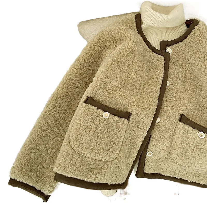 Manteau court en laine d'agneau pour femmes, manteau pour abonnés, hiver, nouveau, 2024