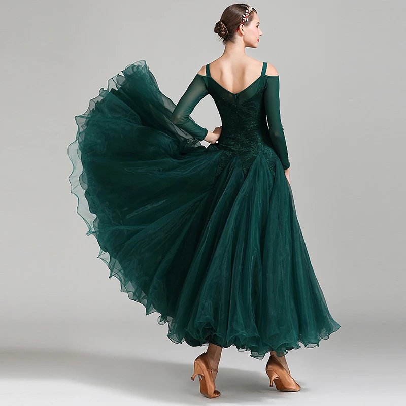 New Modern Dance Skirt National Standard Dance Costume Training Dress Dark Green Lace Spliced Large Skirt Hem Mesh Long Dress