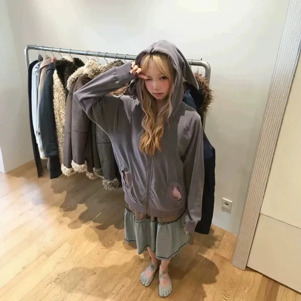 Coyseio Korean Style Rabbit Ear Fleece Hooded Sweatshirt Jacket Stripe Color Block Casual Long Sleeve Girls' Coat
