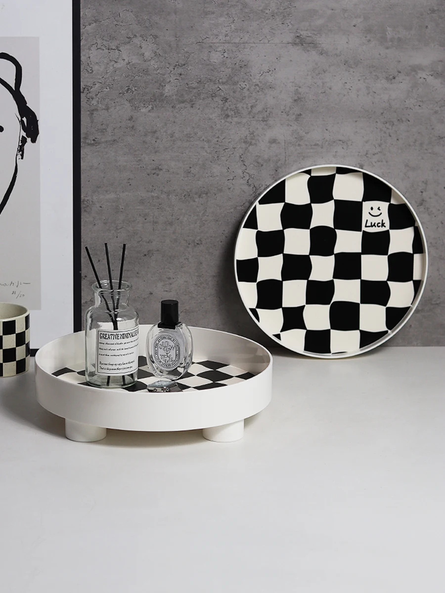 Epeiushome Nordic Ins Black And White Checkerboard Tray Living Room Aromatherapy Cosmetic Storage Box Household Desktop