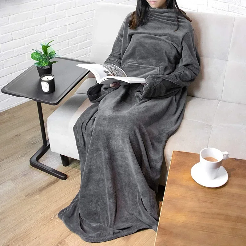 Home Wearable Adult Blanket Large Pocket Multifunctional Lazy Sleeve Antistatic Flannel Blanket TV Sofa Blanket