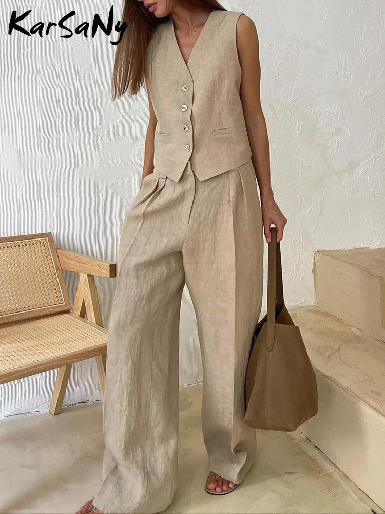 Sets For Women 2 Pieces Summer Casual Cotton Linen Solid Color Sleeveless Vest And Full Length Loose Pants Ladies Clothing Sales