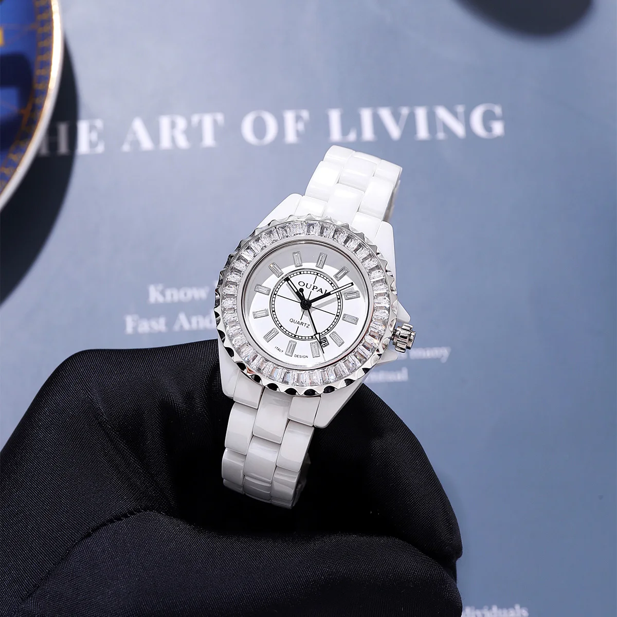 Oupai round dial, white ceramic strap watch, women's diamond-set water, diamond, British movement, calendar, women's watch, styl