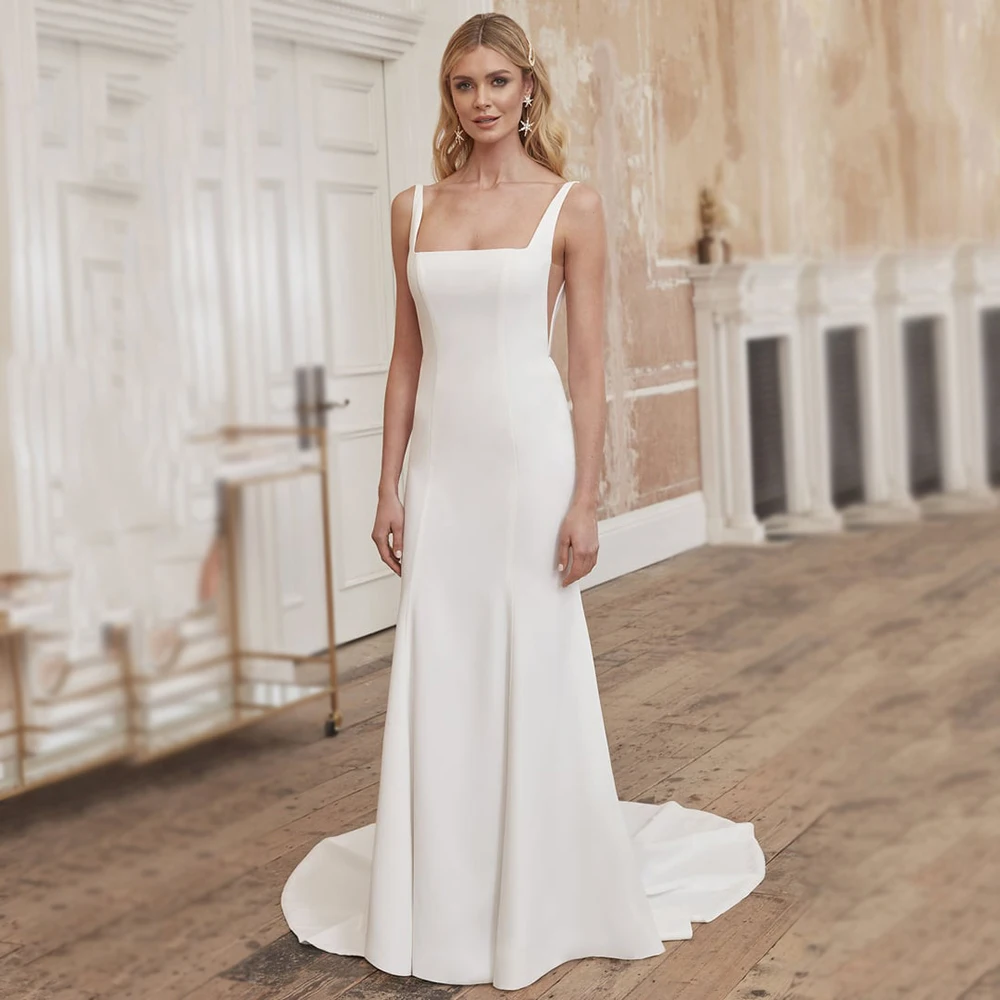 Customized Civil Wedding Dresses Crepe Square Neck Spaghetti Straps Backless Sheath Bridal Gown Mermaid Bride Gown