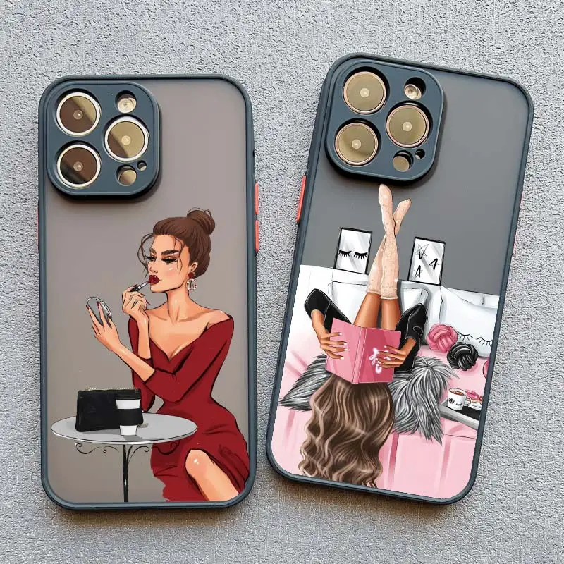 Beauty Makeup City Girl Pattern Case For iPhone 16 15 X XR XS 14 13 12Mini 11 Pro Max drawn girl Cover For iPhone 7 8 Plus SE2