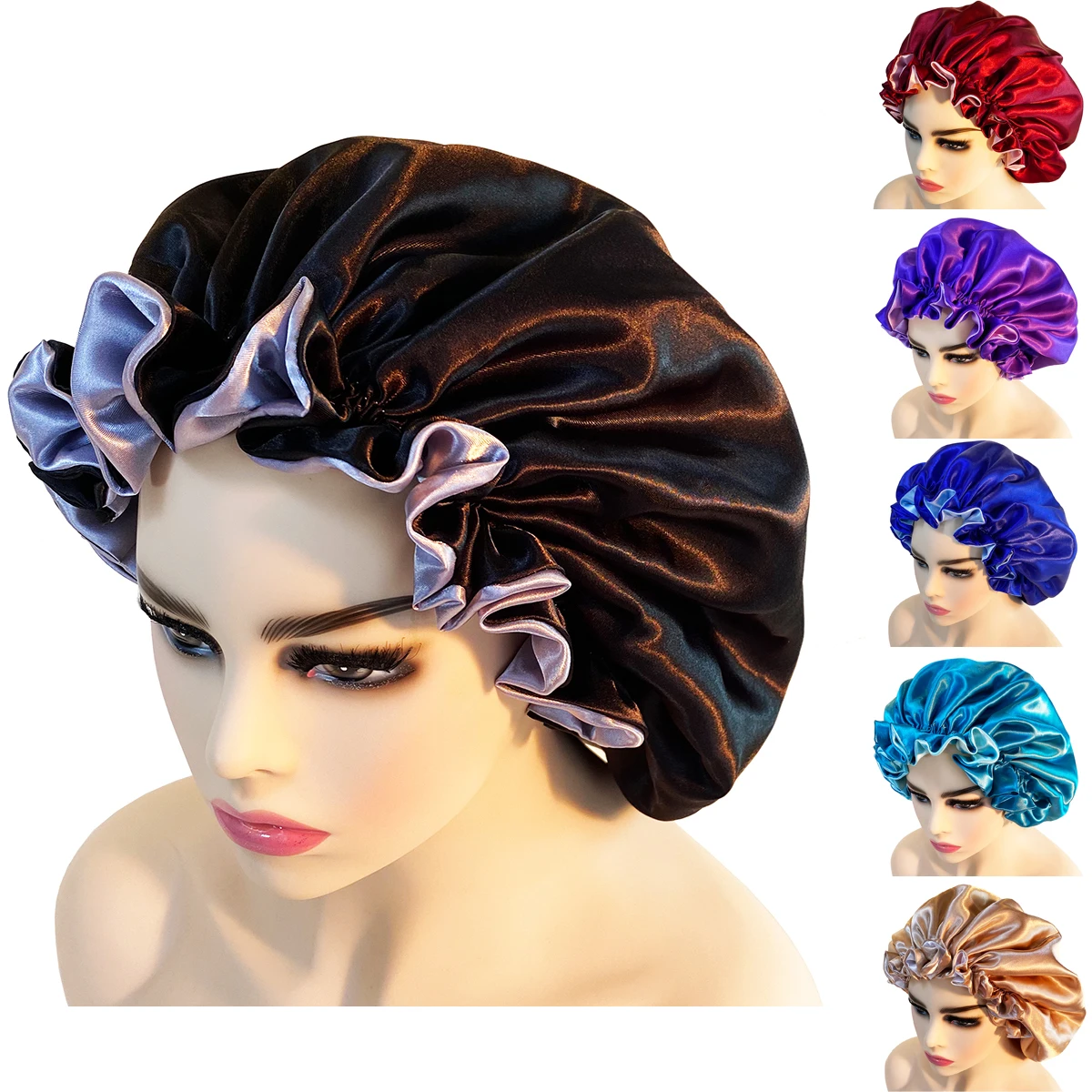 

Reversible Satin Bonnet Hair Caps Double Layer Adjust Sleep Night Cap Head Cover Hat For Curly Springy Hair Styling Accessories