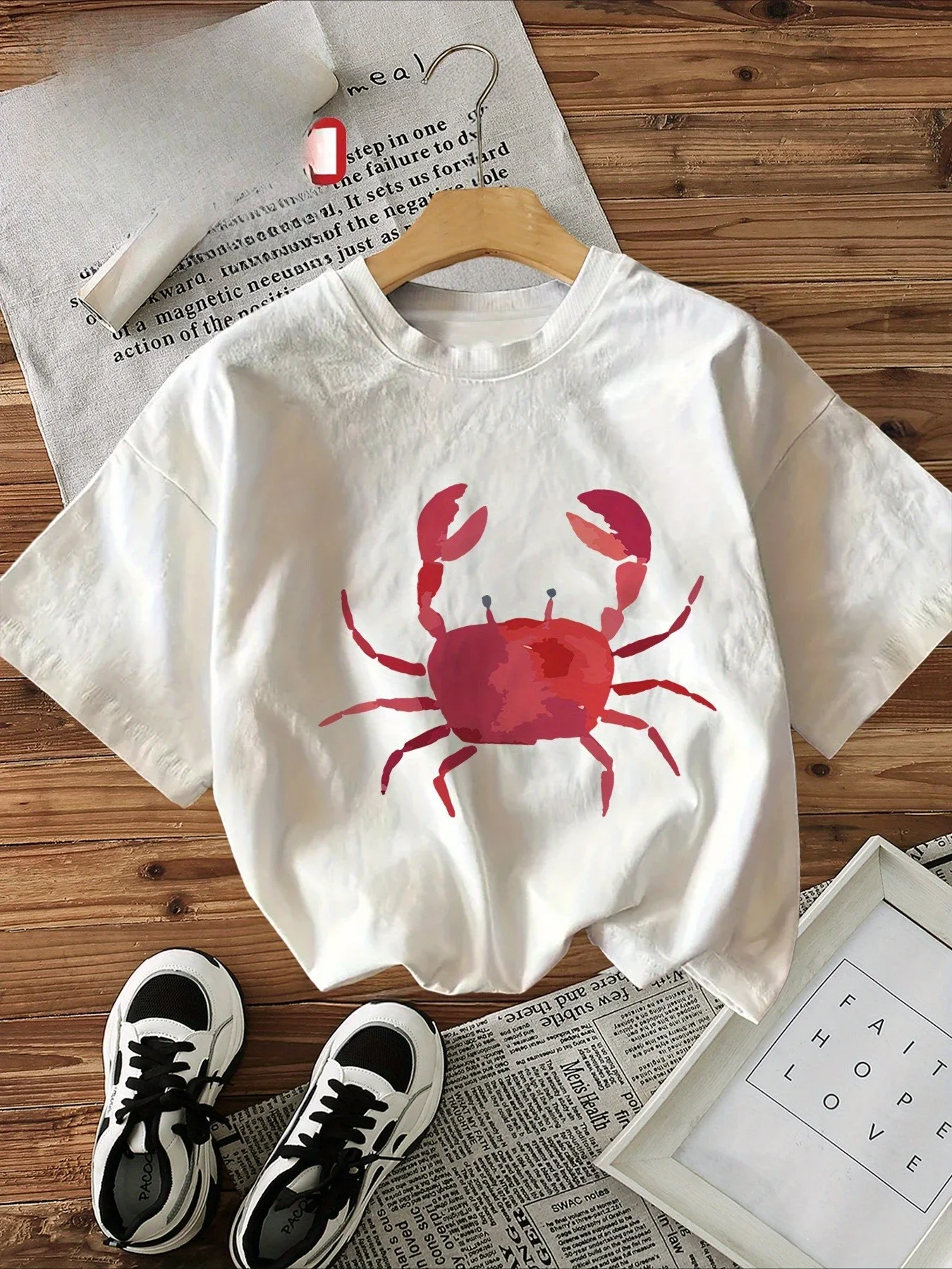 

Crab Pattern Printed Creative T-Shirt Simple Style Short Sleeves Round Neck Summer Woman Top Casual Soft T-Shirt Clothing