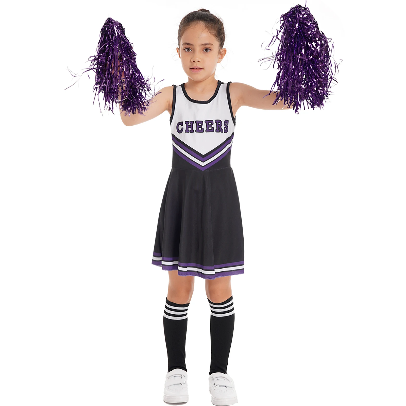 Kids Girls Cheerleading Dance Clothes Set Round Neckline Letter Print Patchwork Style Dance Dress Cheerleading Flower and Socks