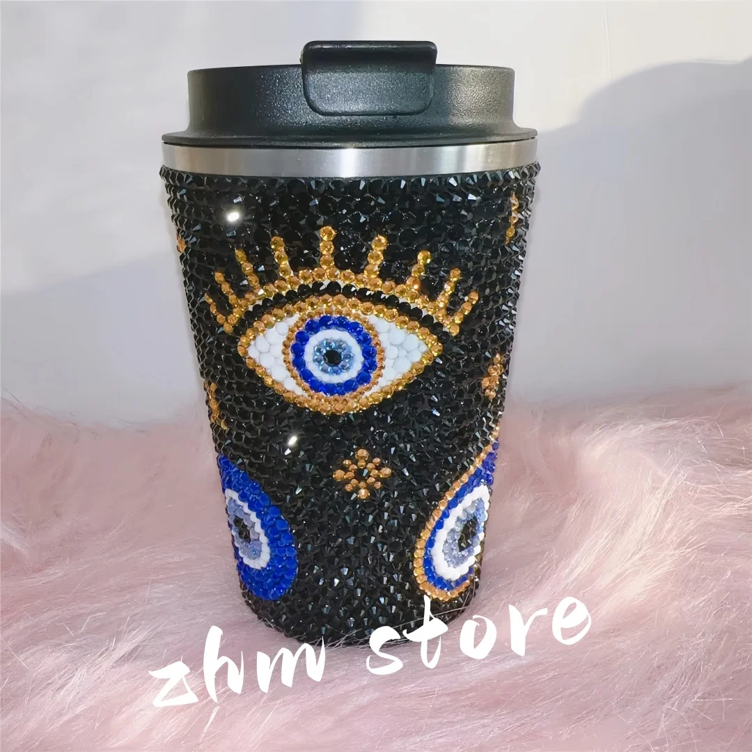 

380ML White /Black Evil Eyes Sparkle DIY Handmade Rhinestone Coffee Car Mug Photo Props