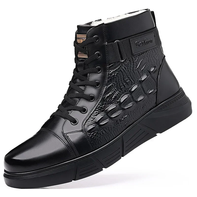 New Winter Luxury Men Ankle Boots Shoes Black Brown Crocodile Printed Zipper Chelsea Genuine Leather Dress Boots Men\'s Shoes