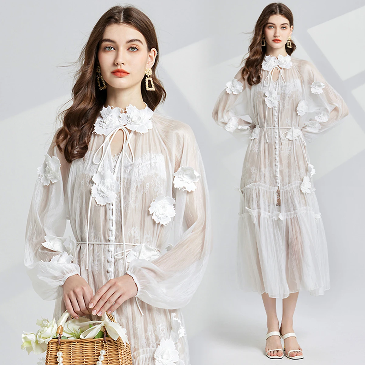 2024 Runway Elegant Autumn Foral Embroidery White Holiday Dress Women O Neck Lantern Sleeve Lace Up Ruffles Loose Midi Vestidos