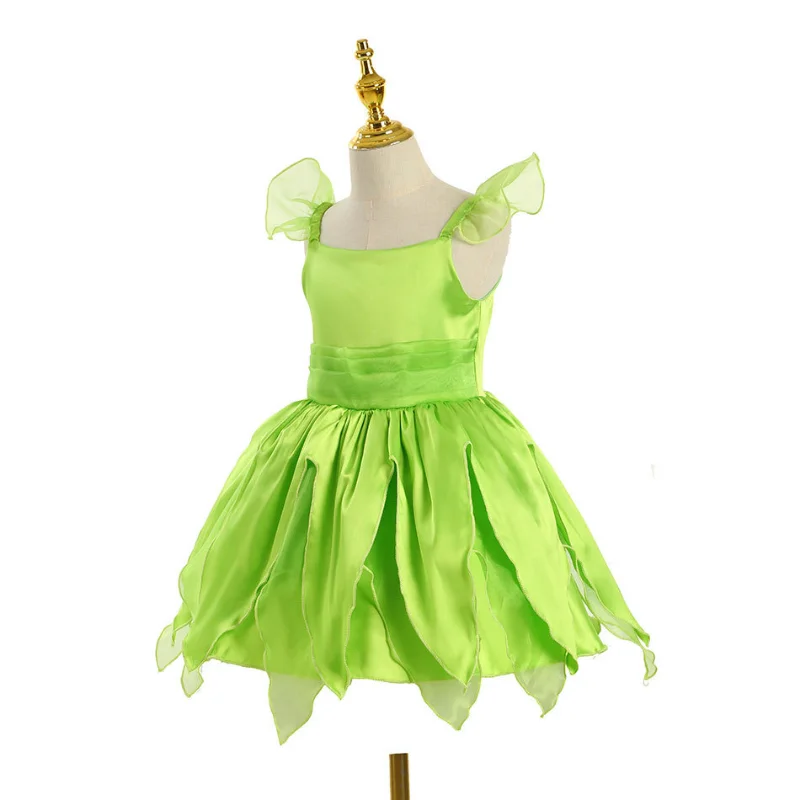 Disney Tinker Bell Princess Halloween Cosplay Girls Party Green Flower Fairy TinkerBell Dress Elf Costume Glitter Butterfly Wing