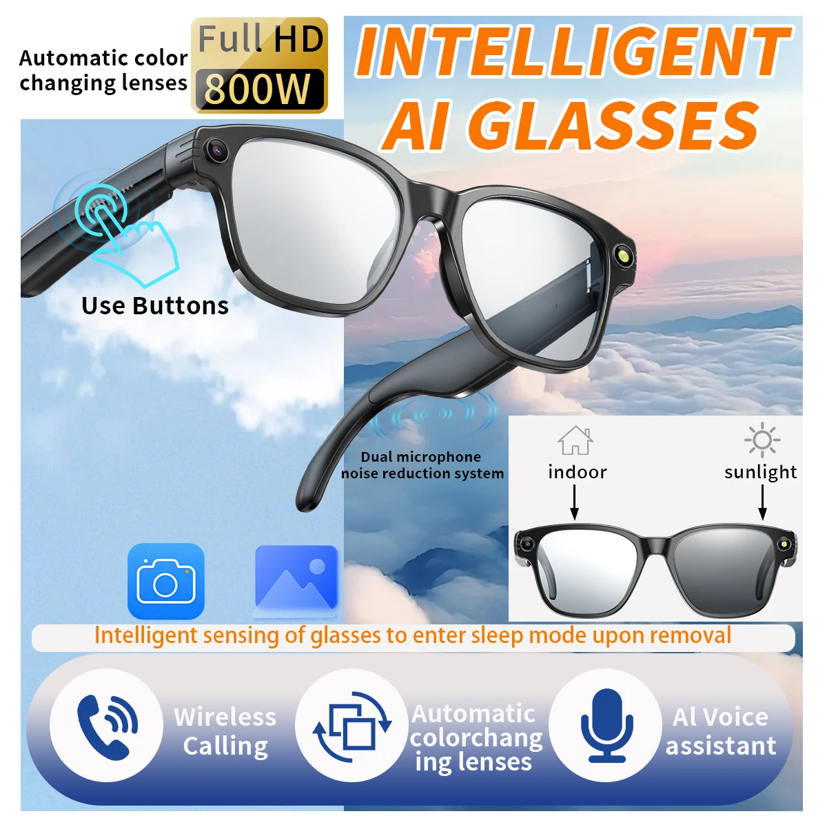 

Bluetooth Smart Glasses 8MP Camera Glasses Anti-shake 1200P HD Video Record Music Play Voice Call Glasses Translation AI Glasses