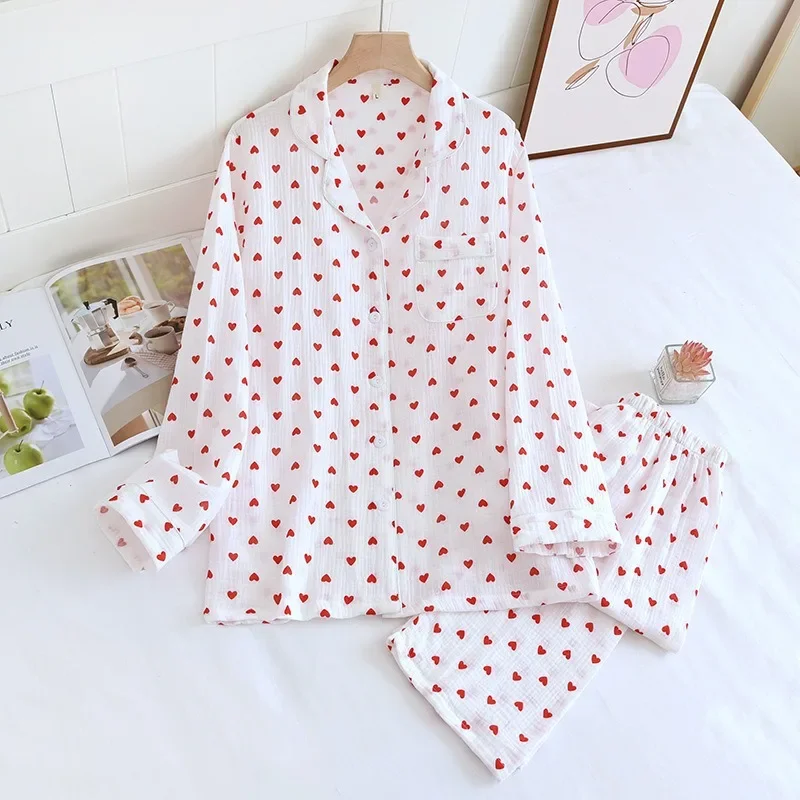 

2024 New Loose Spring And Summer Ladies 100% Cotton Crepe Pajamas 2-piece Long Short Sleeved Trousers Love Print Homewear Set