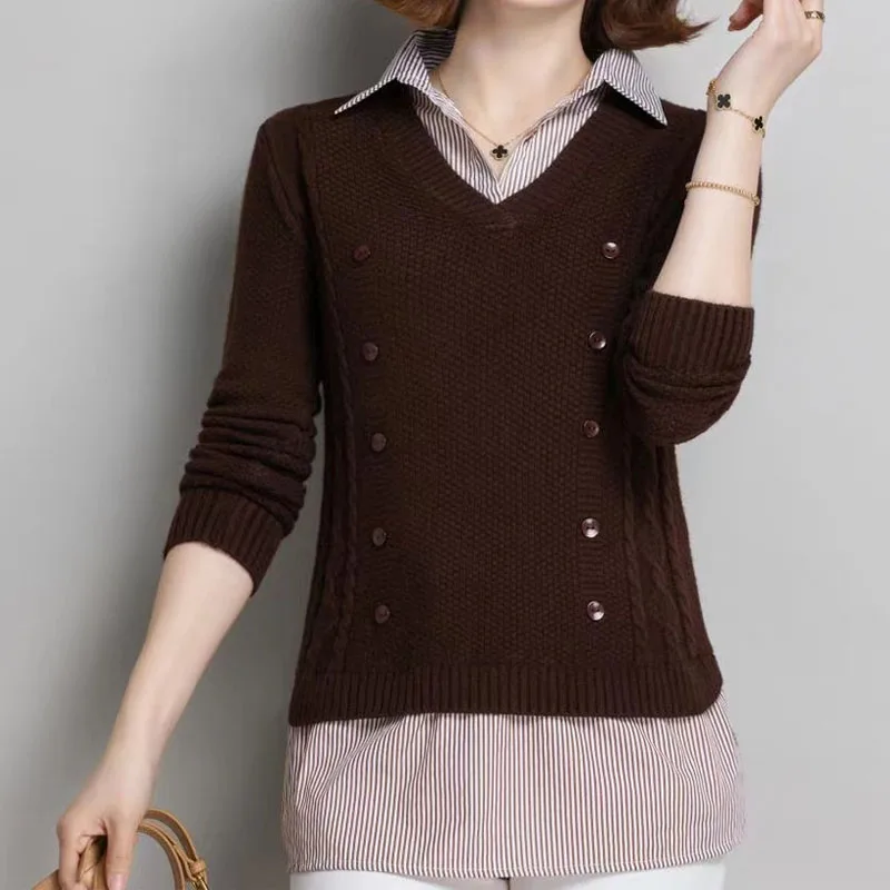 Autumn Winter Fashion Elegant Fake Two Pieces Knitted Tops Womens Clothing Korean Polo-Neck Button Patchwork Sweaters for Female