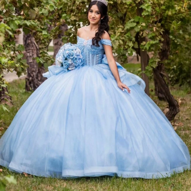 

Sky Blue Shiny Quinceanera Dresses Off The Shoulder Beading Crystal Tull Bow Party Birthday Sweet 16 Dress Vestidos 15 De Anos