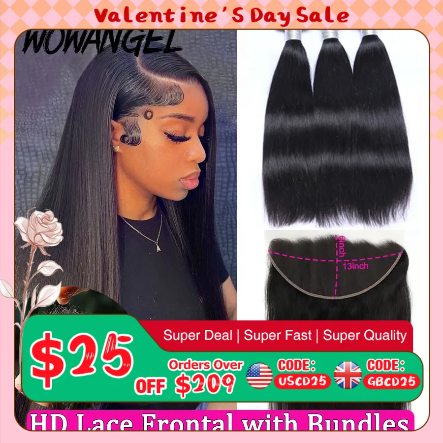 Wowangel 13x6 hd laço frontal com pacotes de cabelo humano 5x5 hd fechamento do laço derreter skins extensão do cabelo reto brasileiro para mulher