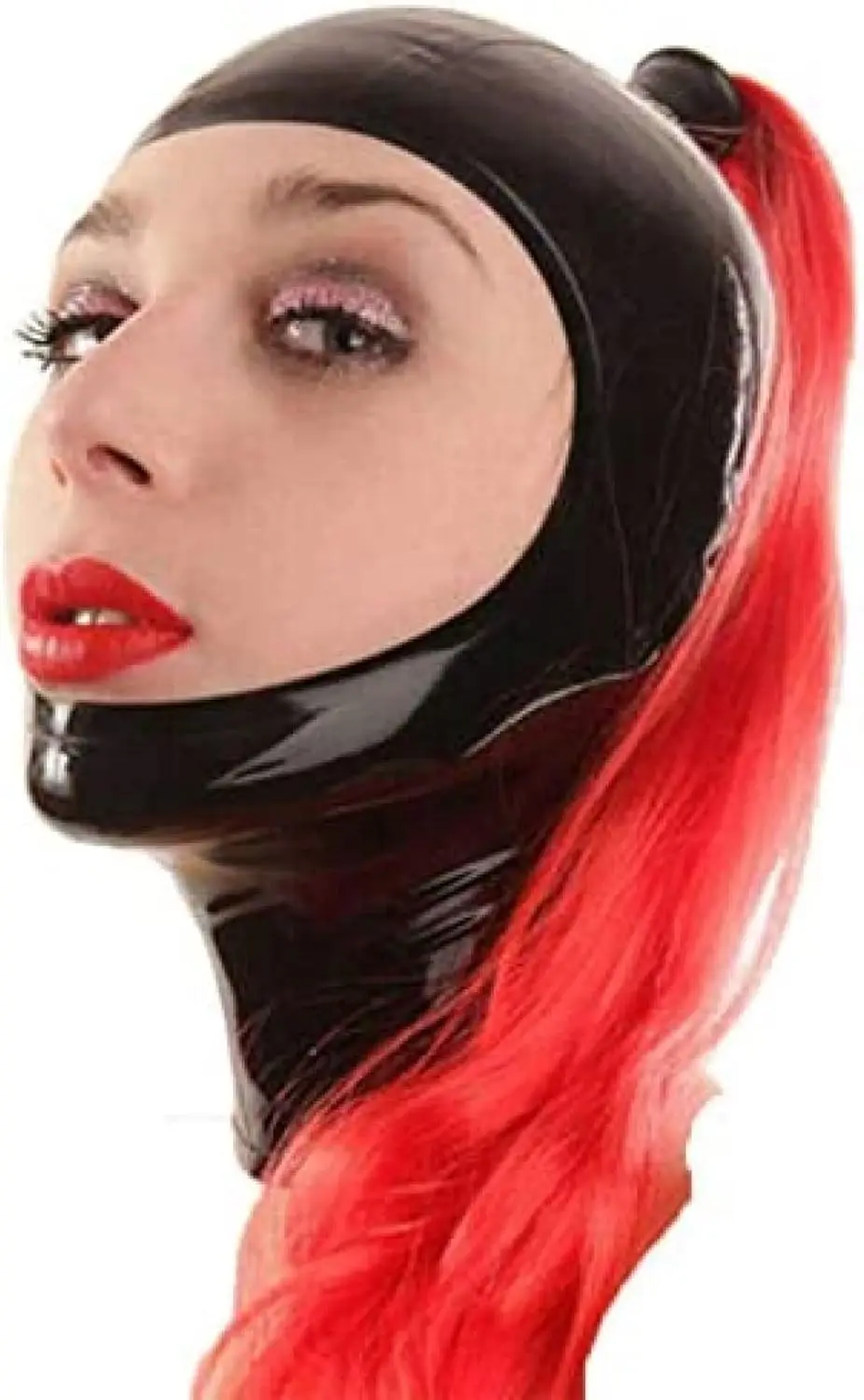 

Latex Hood with Ponytail Wig Back Zipper Open Face Rubber Mask Cos Club Wear