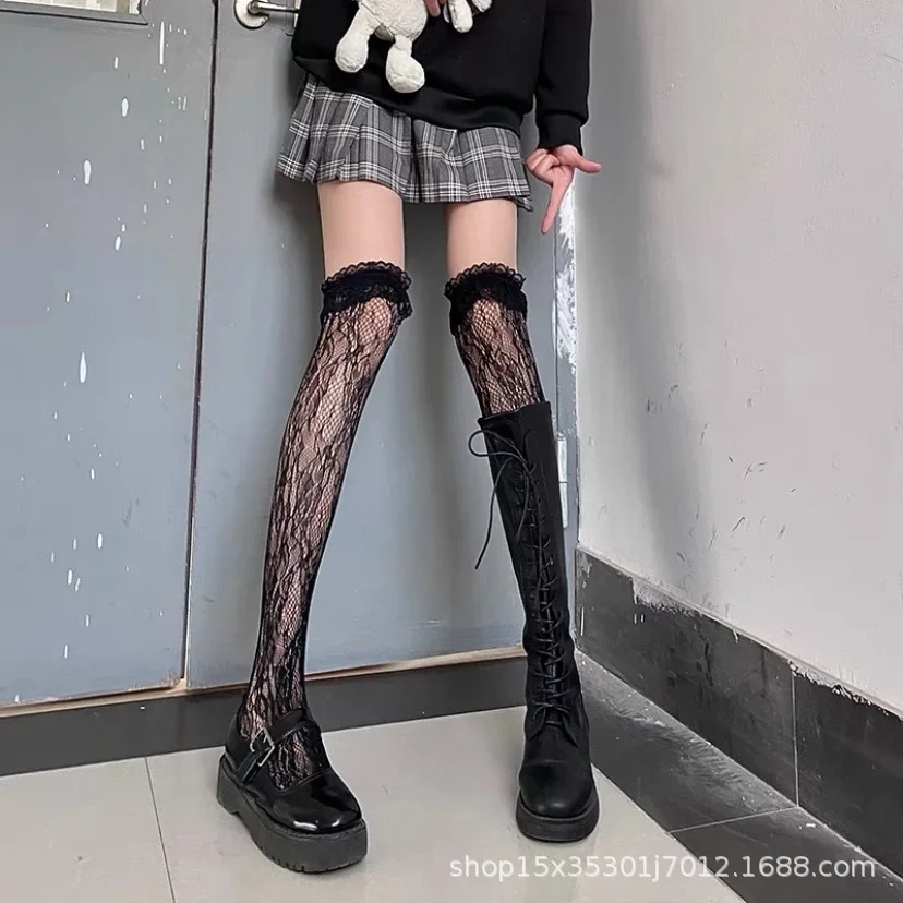 Spring/Autumn Thin Lace Hollow White Thigh High Lolita Socks for Women JK Cute Black Long Stockings
