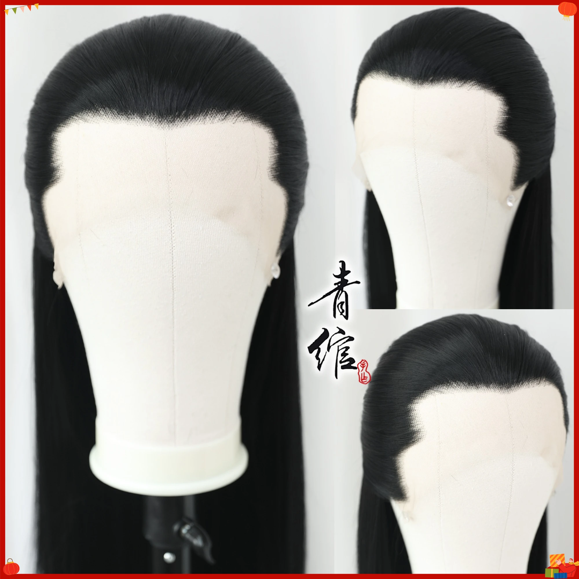 Synthetic Long Ancient Style Men's Wig Hand-Tied Widow's Peak Costume Cosplay Full Cap Hanfu Performance Hairpiece Photography