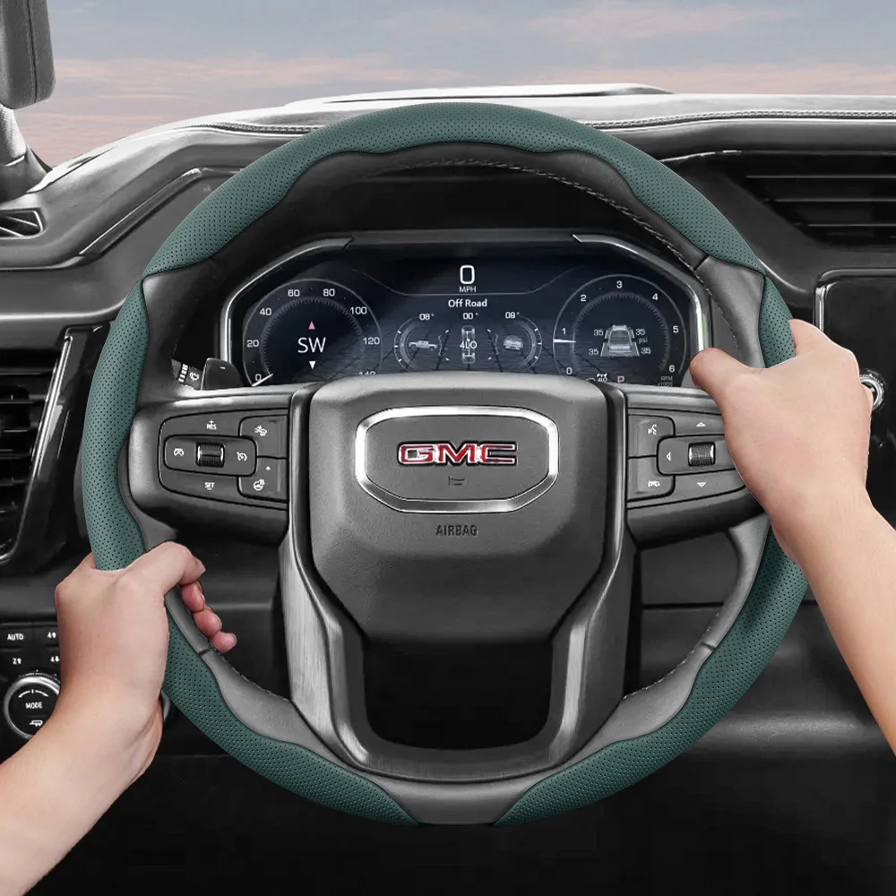 Funda de Volante de Cuero Perforado Transpirable para Gmc, Diseño Segmentado de Liberación Rápida, Antideslizante y Duradera, Apta para Sierra 1500 Hd Ev Yukon Terrain Acadia Canyon Savana Hummer Ev, Negro y Verde