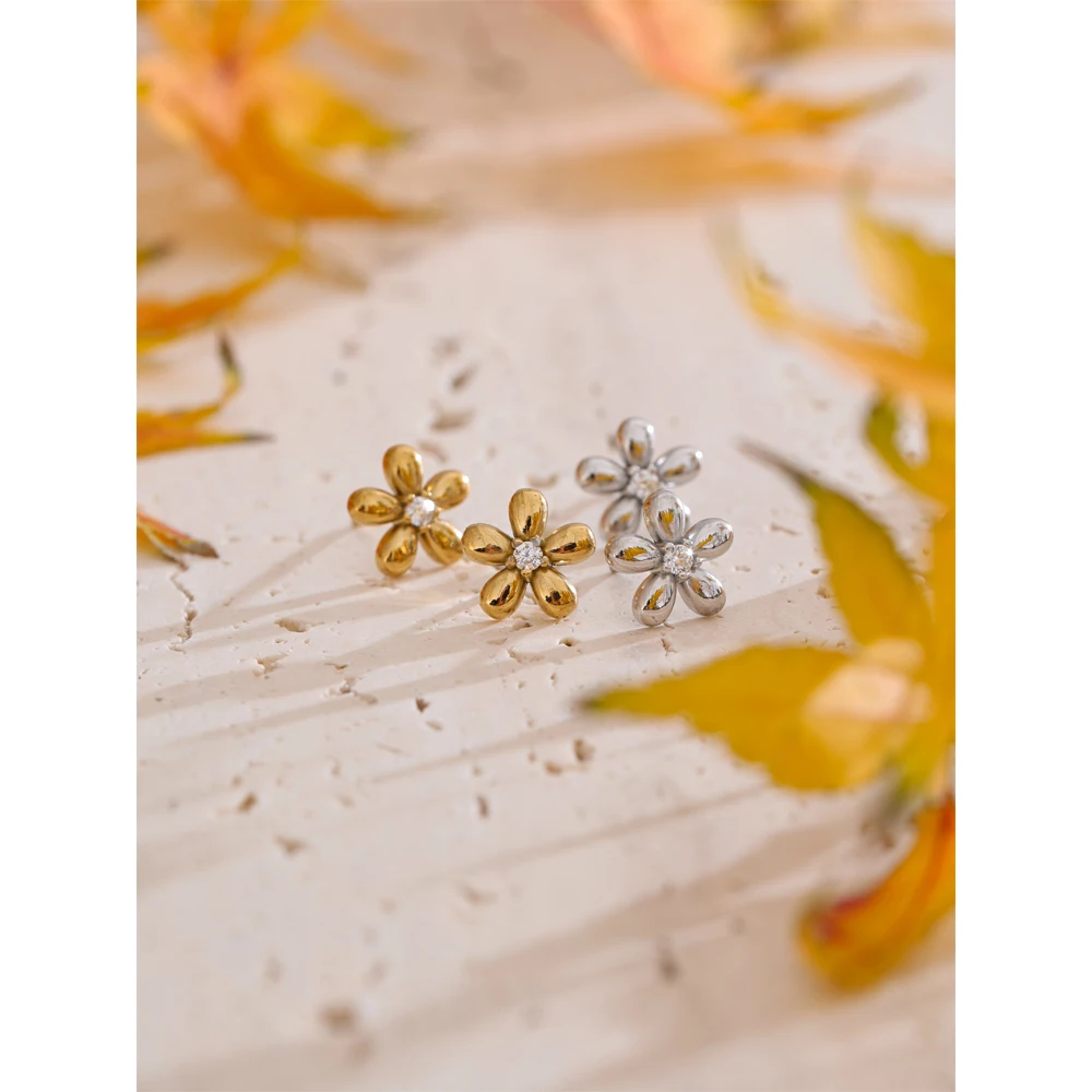Yhpup 2025 Arrivals Stainless Steel Zirconia Flower Daily Stud Earrings for Women Versatile Popular Charm Jewelry Gift