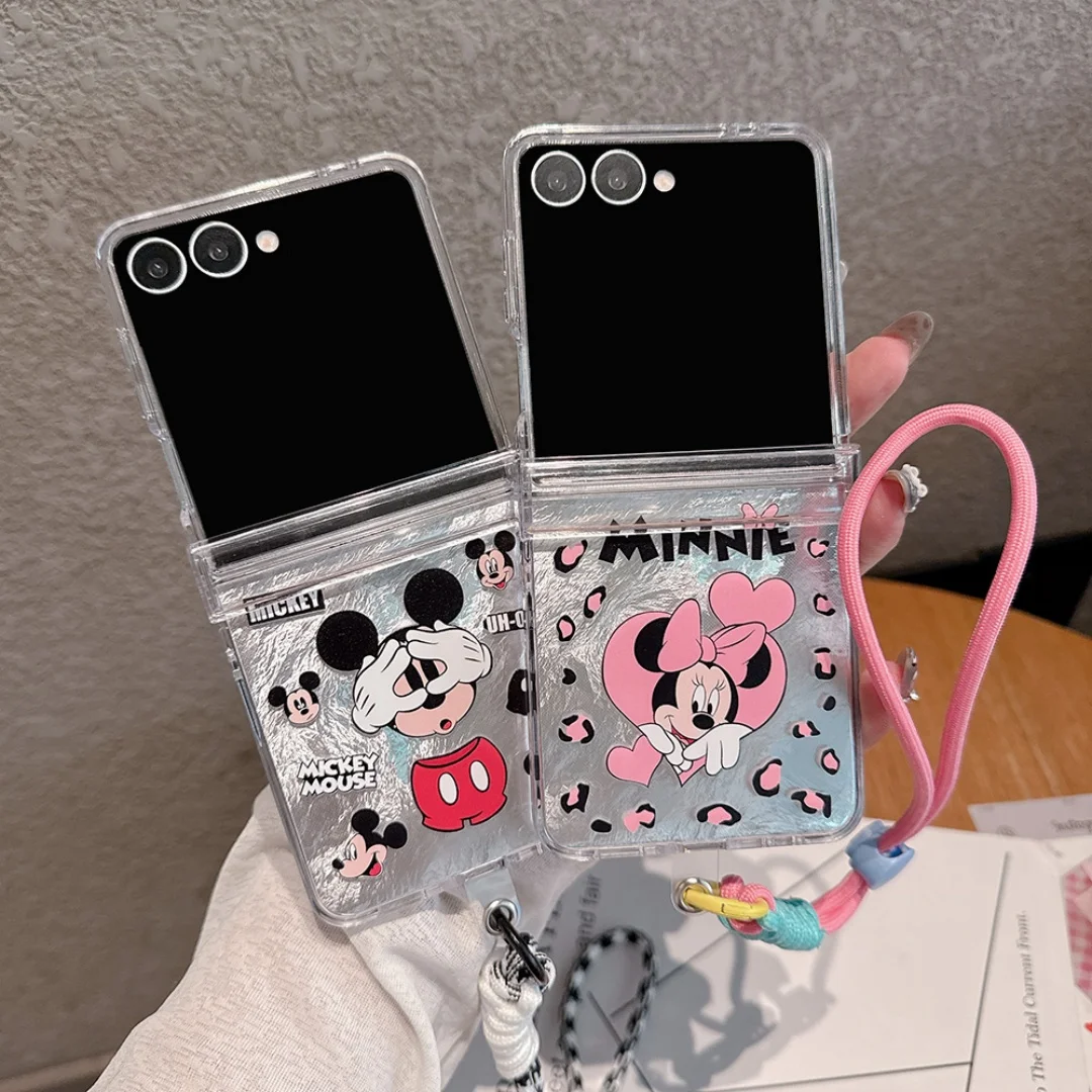 

Mickey Minnie Mouse Phone Case For Samsung Galaxy Z Flip 7 6 5 4 3 Transparent Hard TPU Cover with Laser Card paper and lanyard